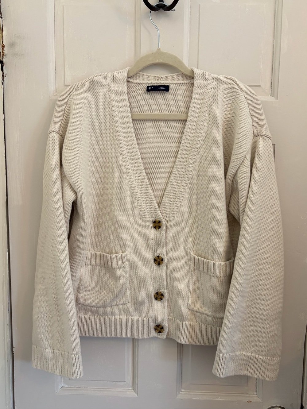 Gap 100% cotton pocket cardigan cream tortoiseshell buttons v neck size Large